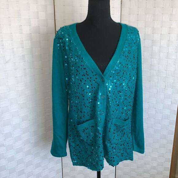 Bob Mackie Womens Wearable Art Sequin Aqua Blue Button Up Cardigan Size Small - Picture 4 of 16